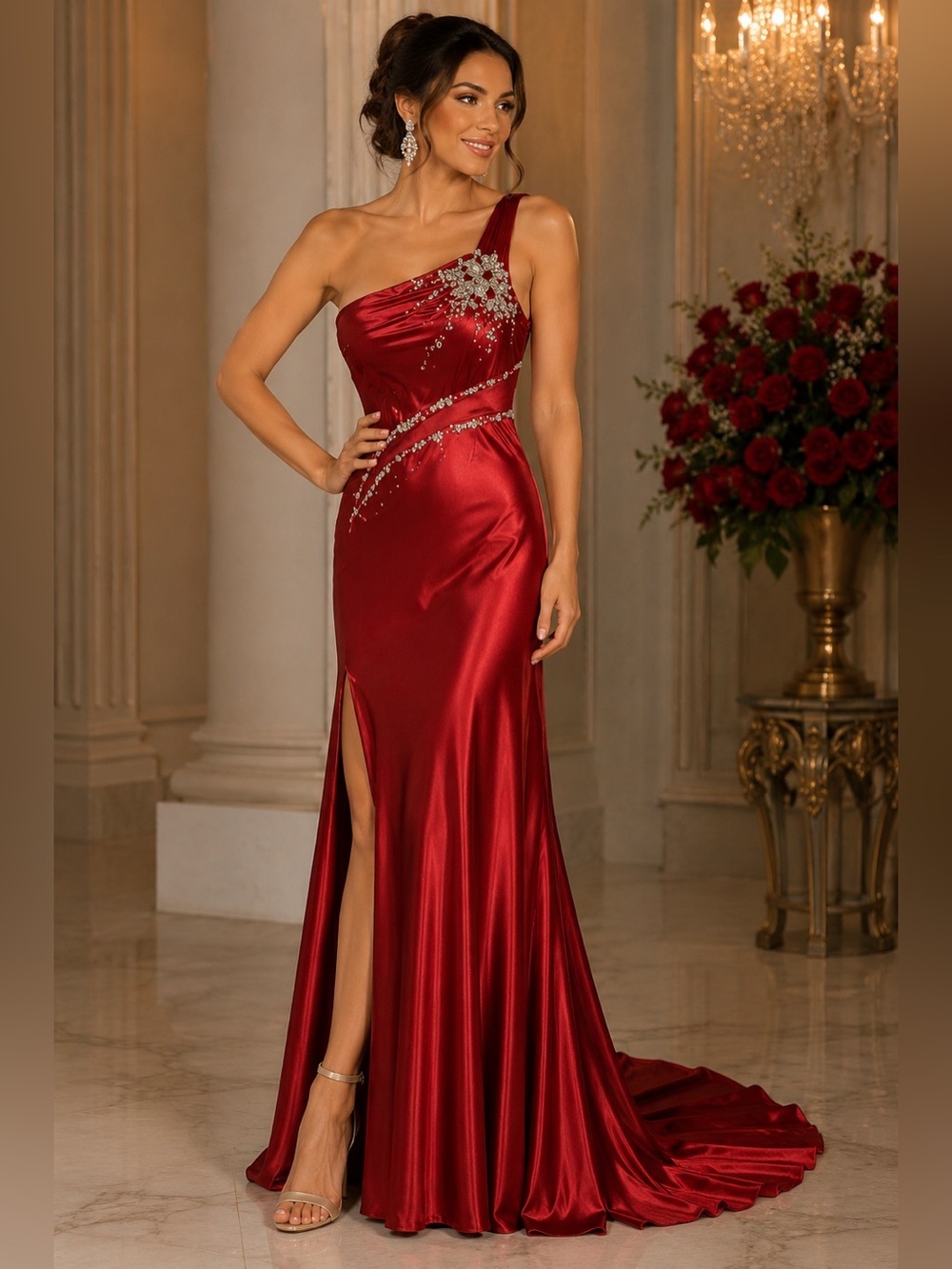 Kiss Kiss Red One Shoulder Formal Gown Beaded Sequin Train Size 10
